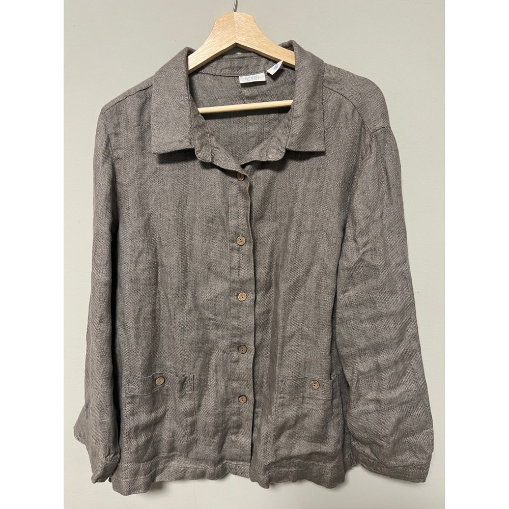 Sigrid Olsen Button Down Women L/XL Grey Pre-owned 100% Linen Lagenlook Shirt